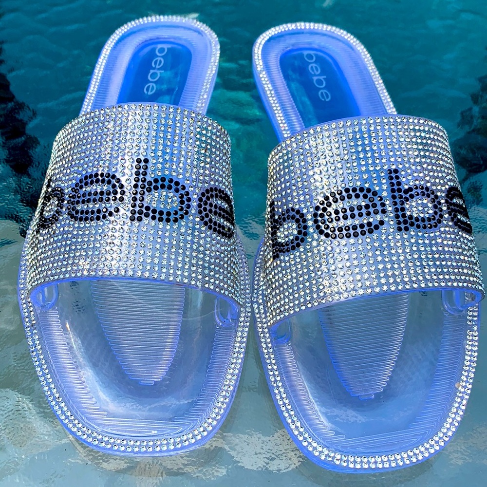 NWOT Bebe bling silver logo clear slide sandals.
